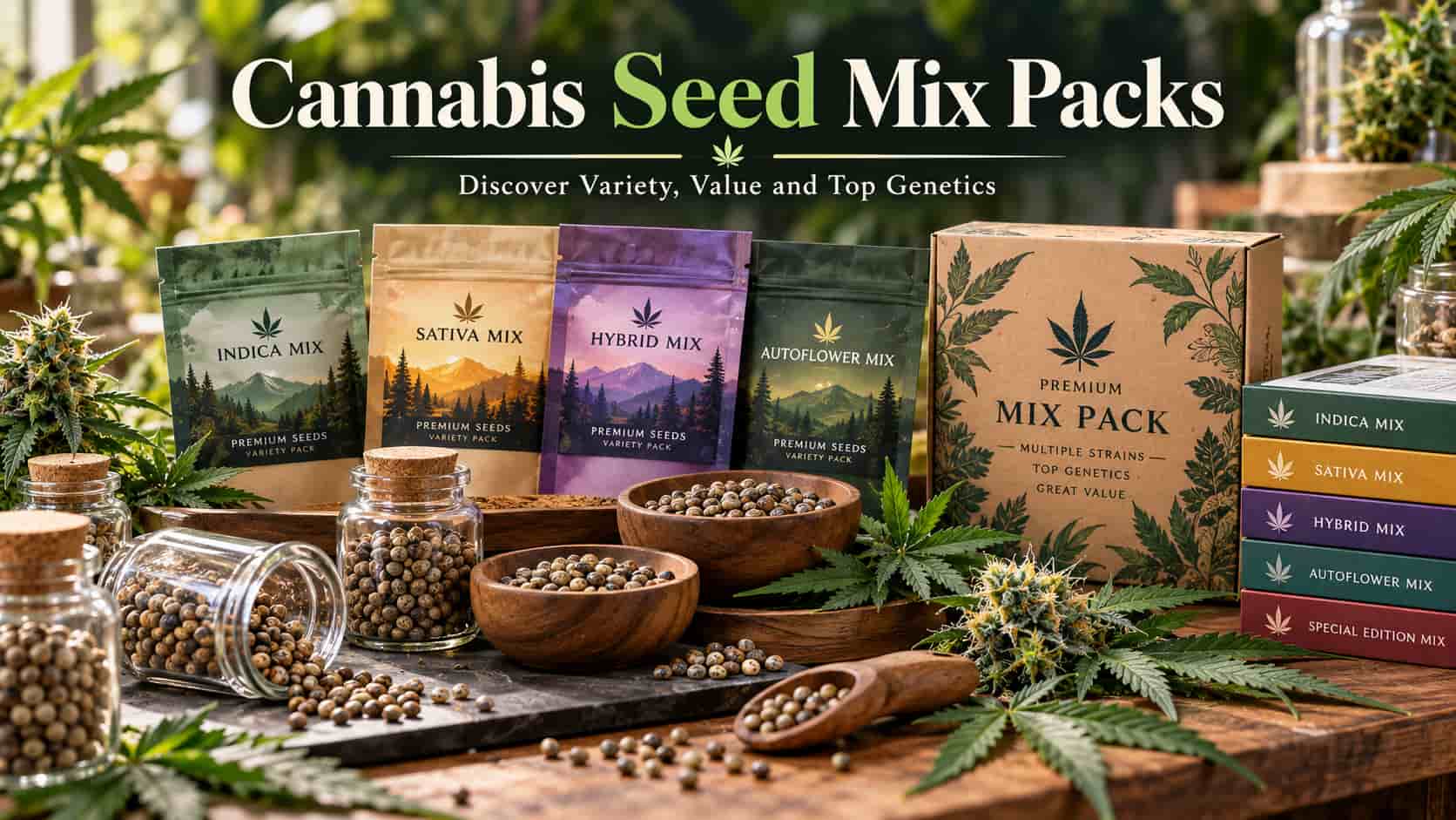 Cannabis seed mix packs: Indica, Sativa, Hybrid and Autoflower mix pouches, a Premium Mix Pack box and jars of cannabis seeds