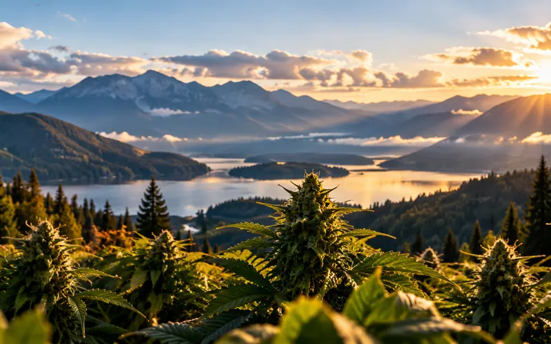 Outdoor cannabis plants in the August sun above a lake and mountains