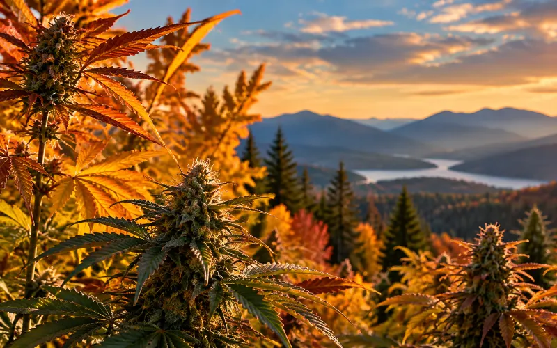 Outdoor cannabis plants with autumn leaves at sunset in October