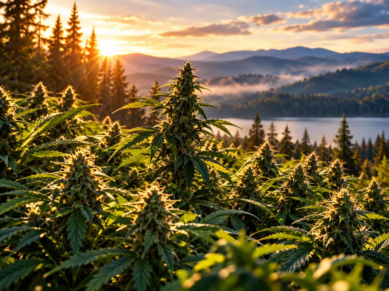 Outdoor cannabis plants at sunset above a lake and a pine forest